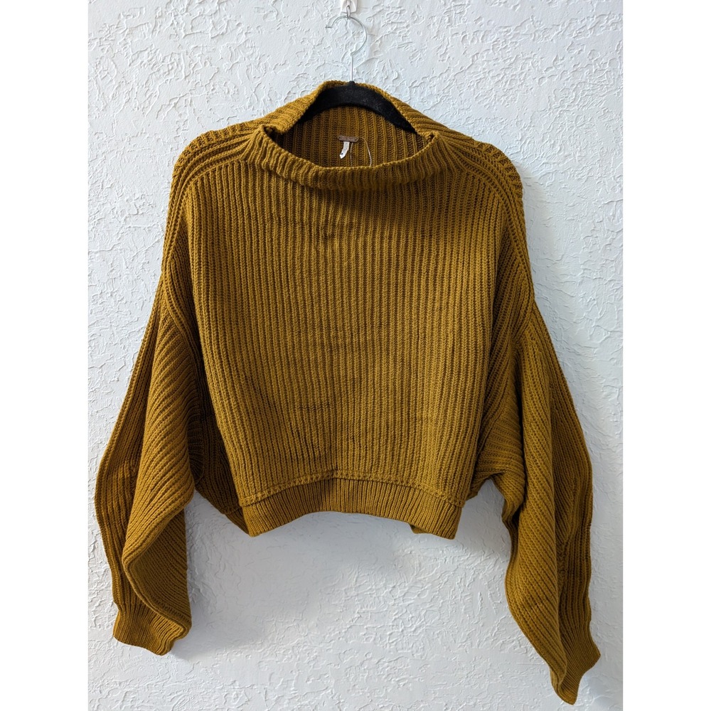 Free People Emmy Mock Neck Sweater Womens XS Cotton Blend Mustard Yellow